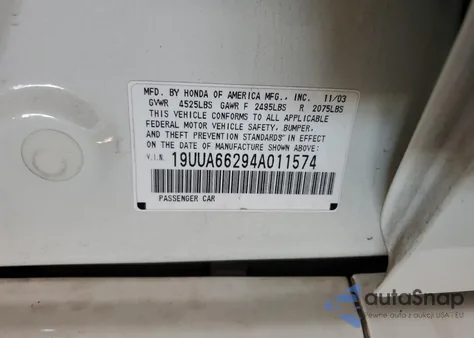 2004 Acura Tl из США, поврежденный, VIN 19UUA66294A011574